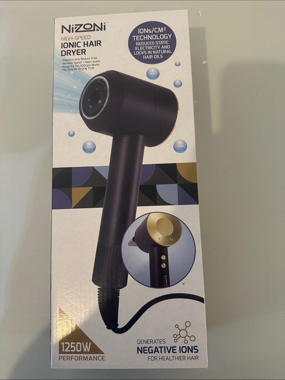 NIZONi High-Speed Ionic Hair Dryer - Black & Gold New in Box